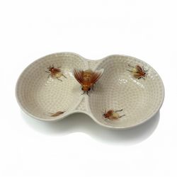 Sale $49 Occupied Japan Double Dish w/ Applied Bee Handle – Vintage 1940s Honeycomb Pattern