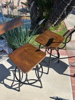 Industrial Bar Stools with Wood Seats – Set of 2