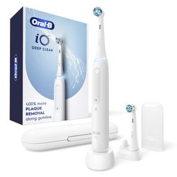 Oral-B IO Deep Clean Rechargeable Electric Powered Toothbrush, White With IO Series 3 Limited, 2 Brush Heads And Travel Case - Pressure Sensor To Prot