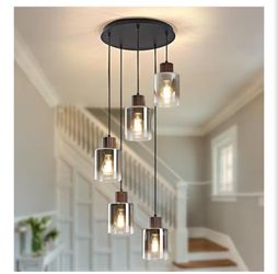 Pendant Light Fixture, Black Small Chandelier Light with Gray Gradient Glass Shade, E26 Base 5-Light Kitchen Island Hanging Pendant Lighting for Dinin