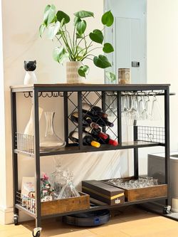 Modern Industrial Bar Cart w/ Wine Rack & Glass Holder – Excellent Condition