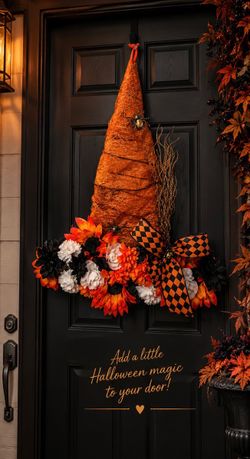 Handmade Glam Halloween Witch Hat Wreath - Orange & Black