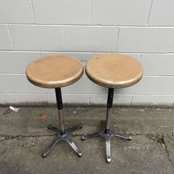 Pair Vintage Industrial and Modern Steel Seat Stools Cast Iron Base 28” Tall