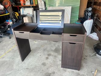 Modern Espresso Vanity Desk with Hidden Storage & Mirror