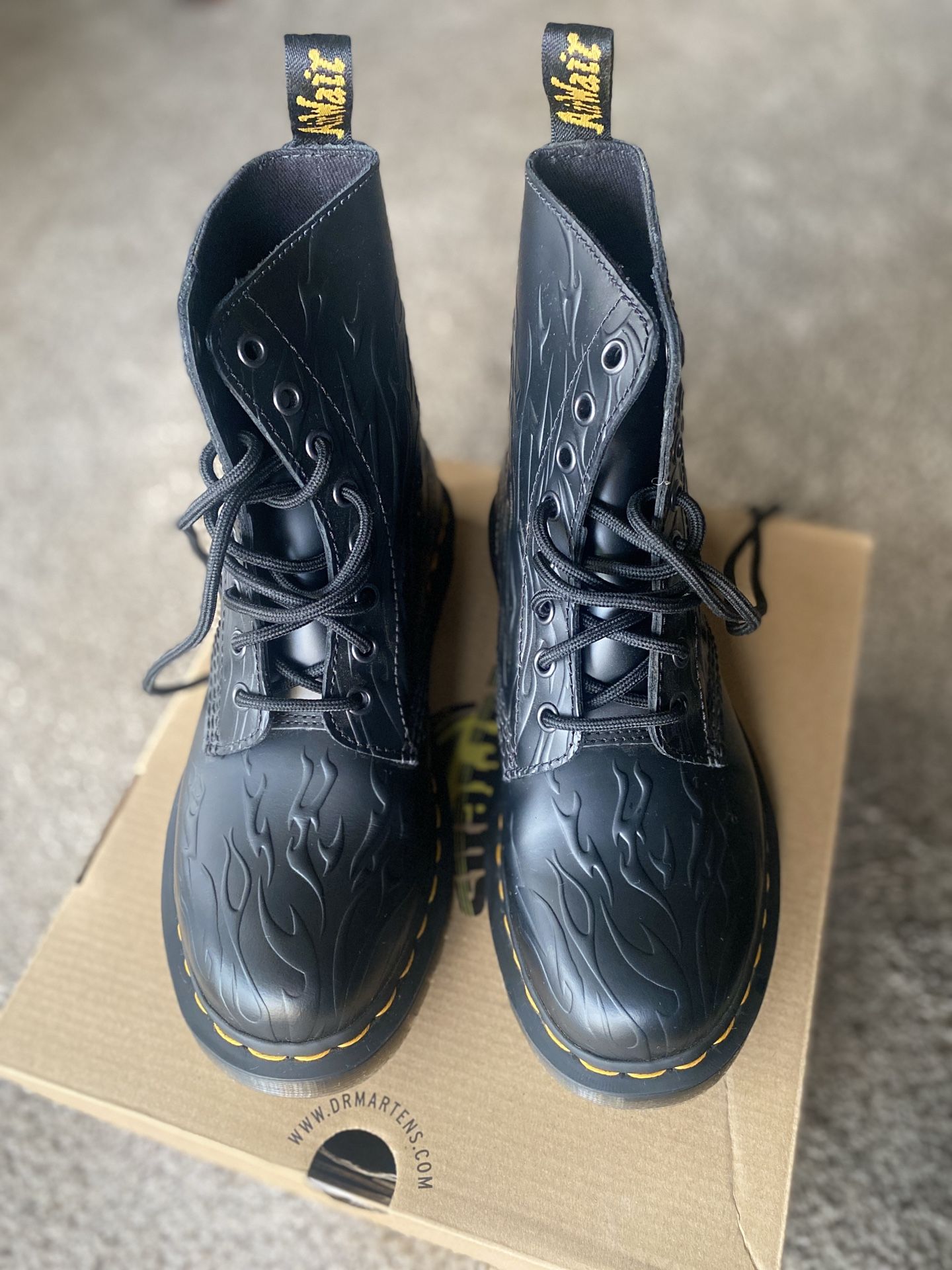 Doc Martens: embossed flames black womens 6