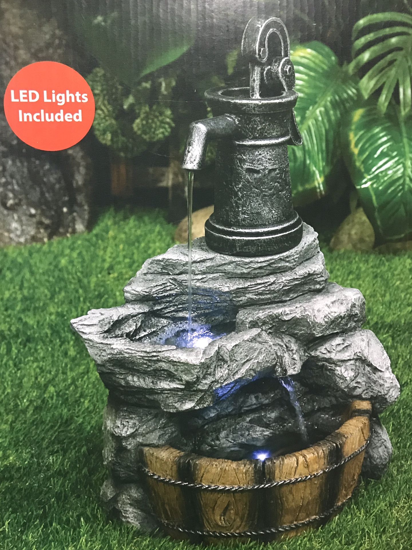 NEW IN BOX Rustic Garden LED Resin Fountain Pump Patio Backyard Home Decor Water Rust Resistant