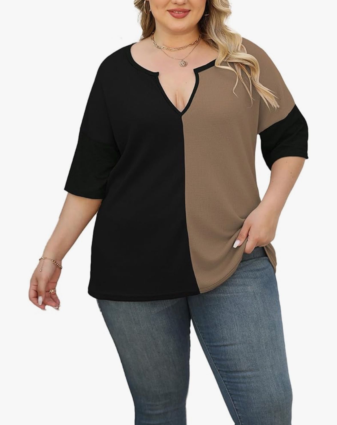 Womens Plus Size Summer Tops Fashion Half Sleeve Waffle Knit Shirts Casual V Neck Colorblock Patchwork Blouse