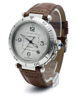 Cartier De Pasha 38mm Arabic Numeral Automatic Watch with Brown Leather Strap and Light Silver Dial. (Pre-Owned)
