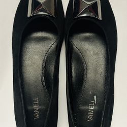VANELi Womens Black Suede Flat Sz 13M Pointed Toe Ballet Silver Metal Detail