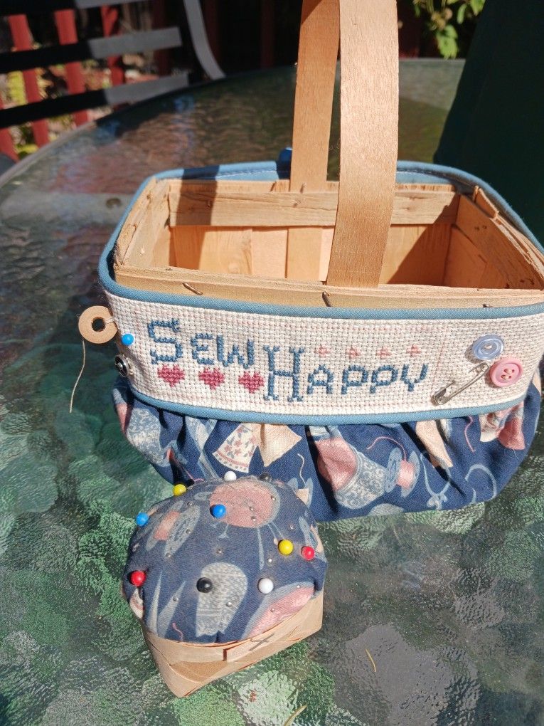 SEW HAPPY 😊 SEWING BASKET AND MATCHING PINCUSHION