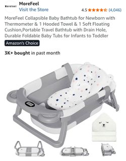 Brand new. MoreFeel Collapsible Baby Bathtub for Newborn with Thermometer & 1 Hooded Towel & 1 Soft Floating Cushion,Portable Travel Bathtub with Drai