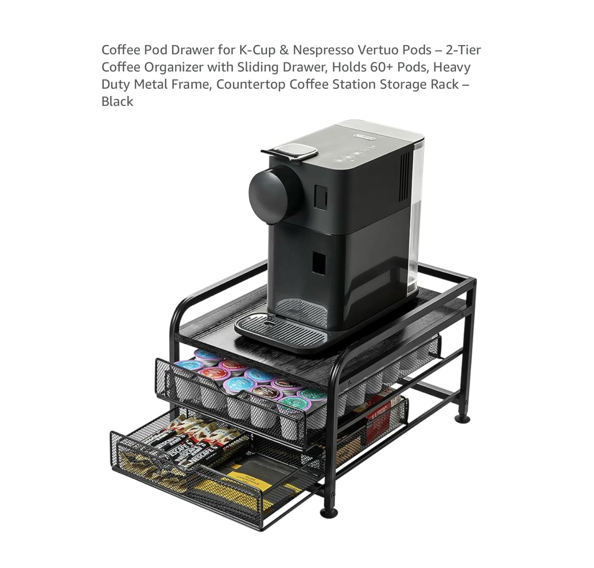 Brand new Coffee Pod Drawer for K-Cup & Nespresso Vertuo Pods – 2-Tier Coffee Organizer with Sliding Drawer, Holds 60+ Pods, Heavy Duty Metal Frame, C