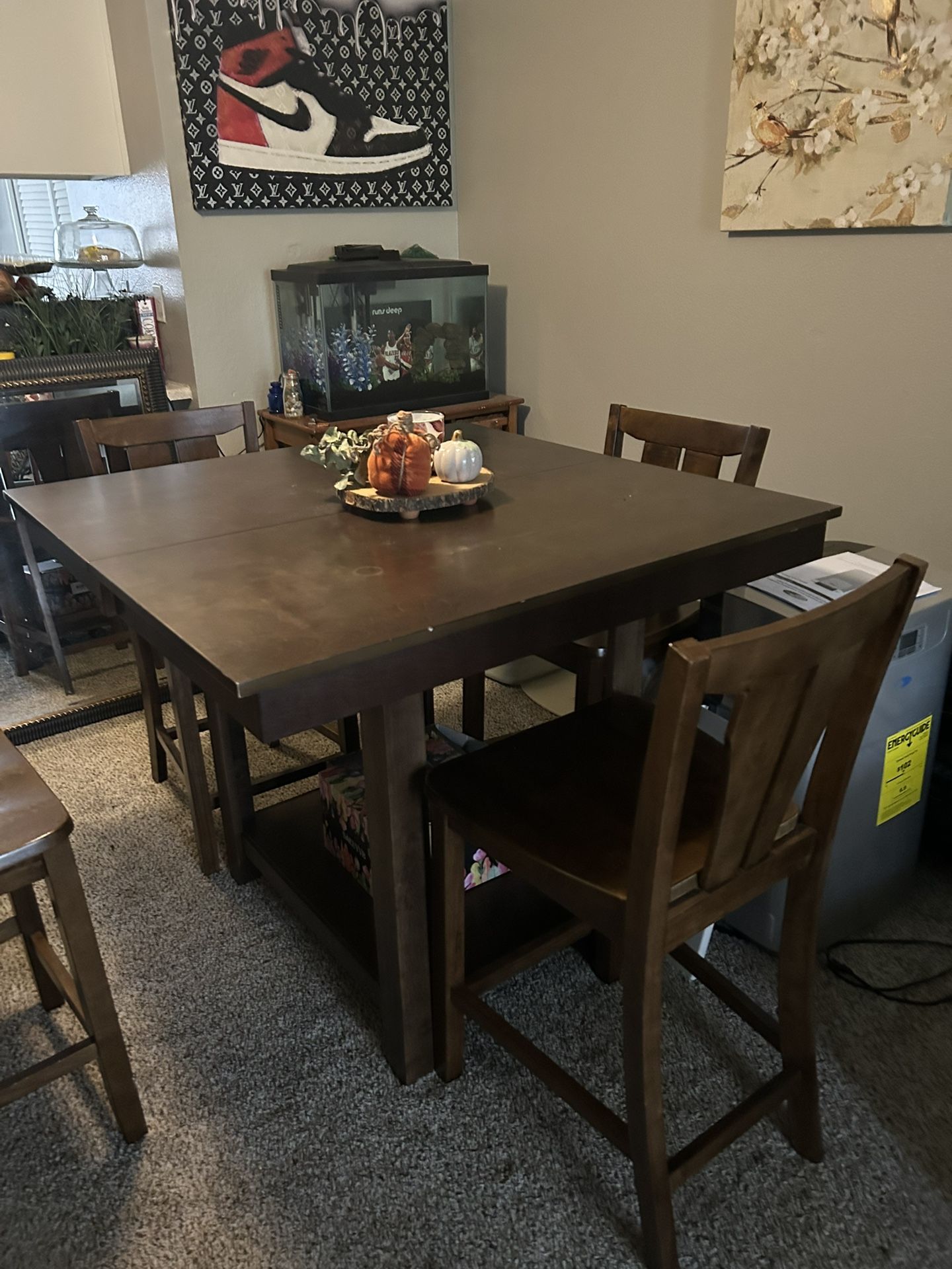Dining Table w/4 Chairs All Wood Square Bar Height Table