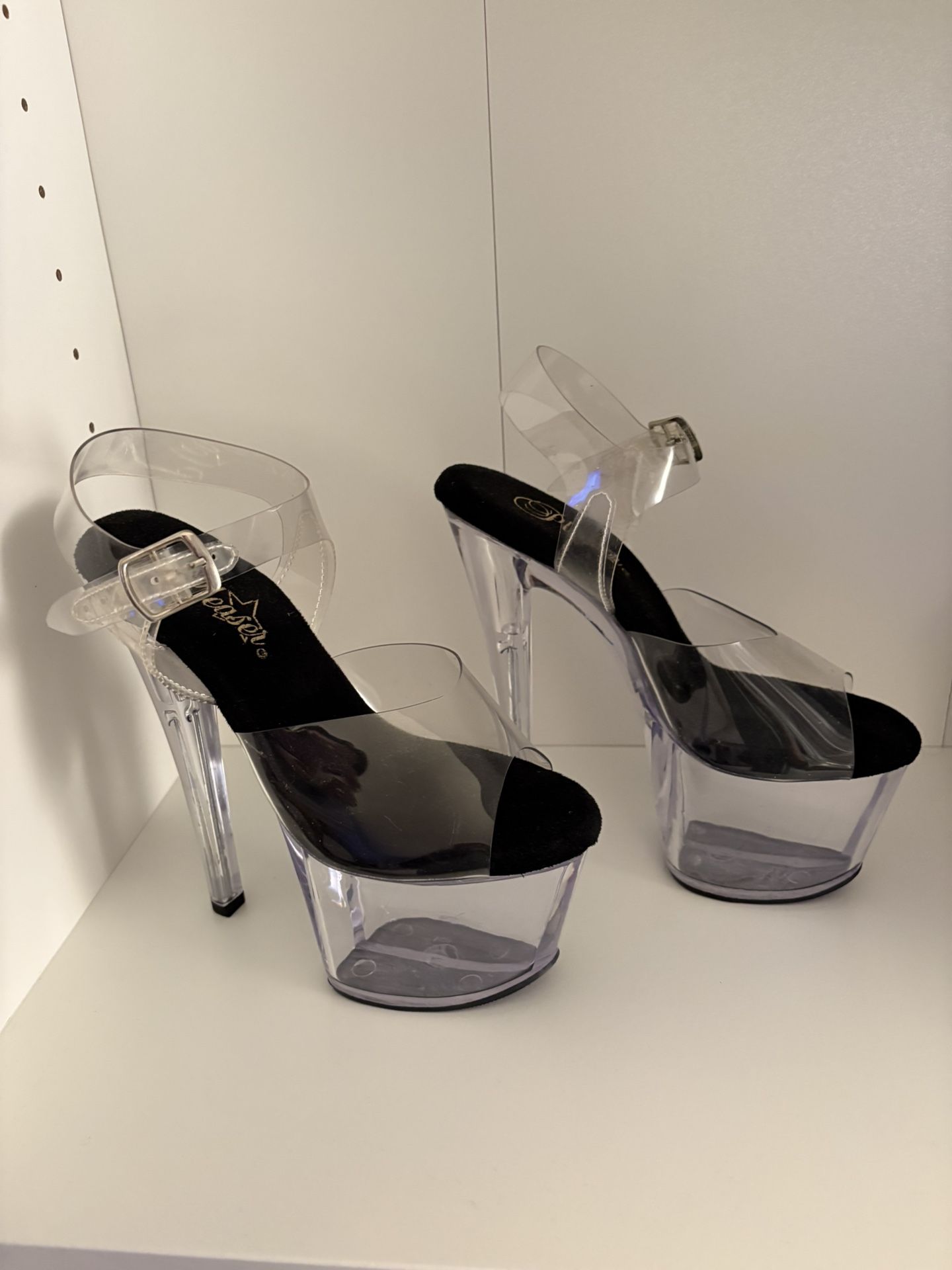 Pleaser Women's Clear Black Platform Stiletto Heels Ankle Strap Open Toe Buckle