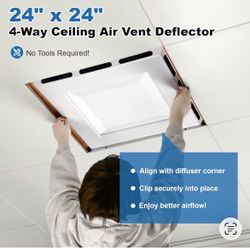 24 x 24 Inch 4-Way Ceiling Air Diverter, 2 x 2 Foot Ceiling Grille Air Diverter, Tool-Free Installation, Airflow Redirector for Offices, Classrooms, a