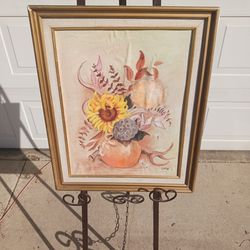 Vintage framed still life flowers in vase signed oil on panel board painti g