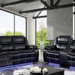 Brand New Black Breathable Leatherette Power Recliners Sofa & Love Seat Built-in Usb And LED & Cupholders