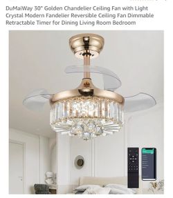 30" Golden Chandelier Ceiling Fan with Light Crystal
