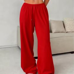 Women’s Casual Wide Leg Sweatpants – Loose Fit Drawstring Lounge Pants (Red)