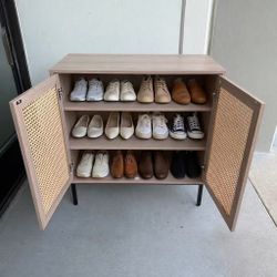 New In Box 31.5x15x33 Inch Tall Entryway Rattan Buffet Sideboard Cabinet Cupboard Shelf Teak Microwave Stand Shoe Rack Storage 