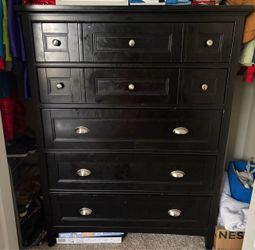 Black Wood Tall Dresser with Silver Hardware
