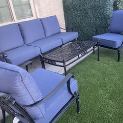 Patio,Outdoor Furniture Grand Tuscany, 1 Sofa, 2 Club Chairs With Cushions And Coffee Table.