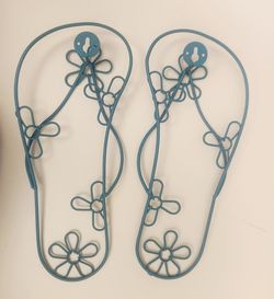 2 Teal 3D Floral Flip Flops Metal Wire Wall Art 9 1/2" Long Nice Condition