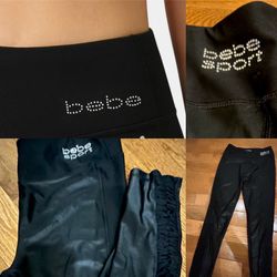 Bebe Sport 2000s Black liquid look High Waist/iconic rhinestone logo Leggings M