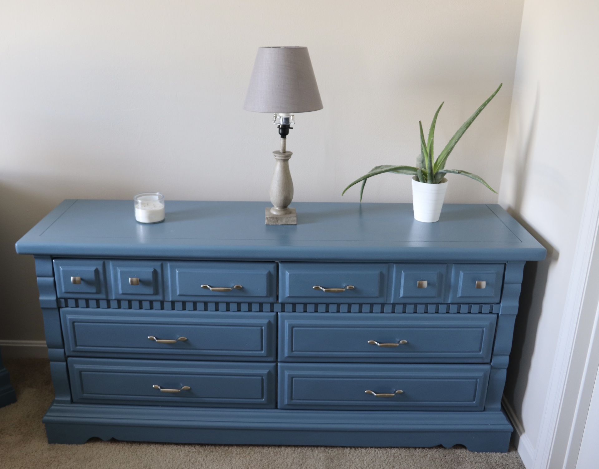 Refurbished Blue Teal 6 Drawer 64” Dresser Solid Wood  With New Silver Pull Handles & Electric With USB 