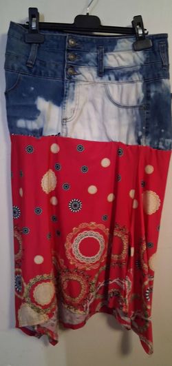 Denim and Printed Fabric Patchwork Maxi Skirt size 8