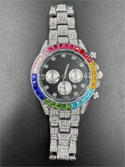 Black Face White Gold Overlay and Multi Gemstone & White Sapphire Watch