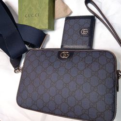 Gucci Crossbody / Clutch And Matching Single Gold Wallet Monogram Blue Set Women's Unisex 