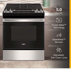 NEW WHIRLPOOL GAS RANGE WITH 3 YEAR EXTENDED WARRANTY INCLUDED 10/5/24. Missing Small Burner cap. 