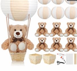 6 Sets Hot Air Balloon with Bear Stick Glue Gun, White, Khaki Baby Shower Table Centerpieces with Large Paper Lantern Basket Stick Glue Gun for Gender