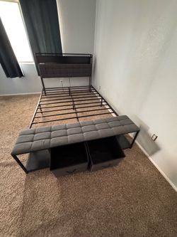 Upholstered Queen Size Bed Frame with Storage Bench & Bookcase Headboard, LED Bed Frame with Built-in Charging Station & End Stool, Bench with 2 Drawe