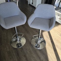 Grey Bar Stools, Set Of 2, Height Adjustable