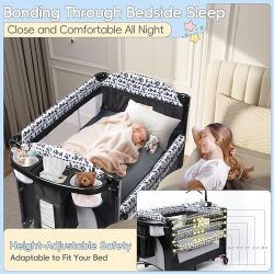 5-in-1 Pack and Play w Changing Table, Baby Bassinet Bedside Sleeper with Storage Bag & Music Box
