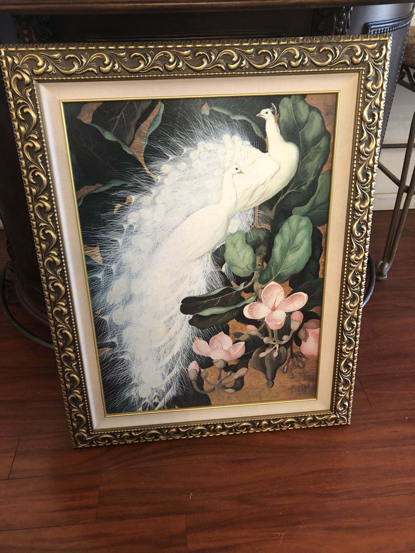 PEACOCK HEAND PAINTED ART .gold frame . New!!!!