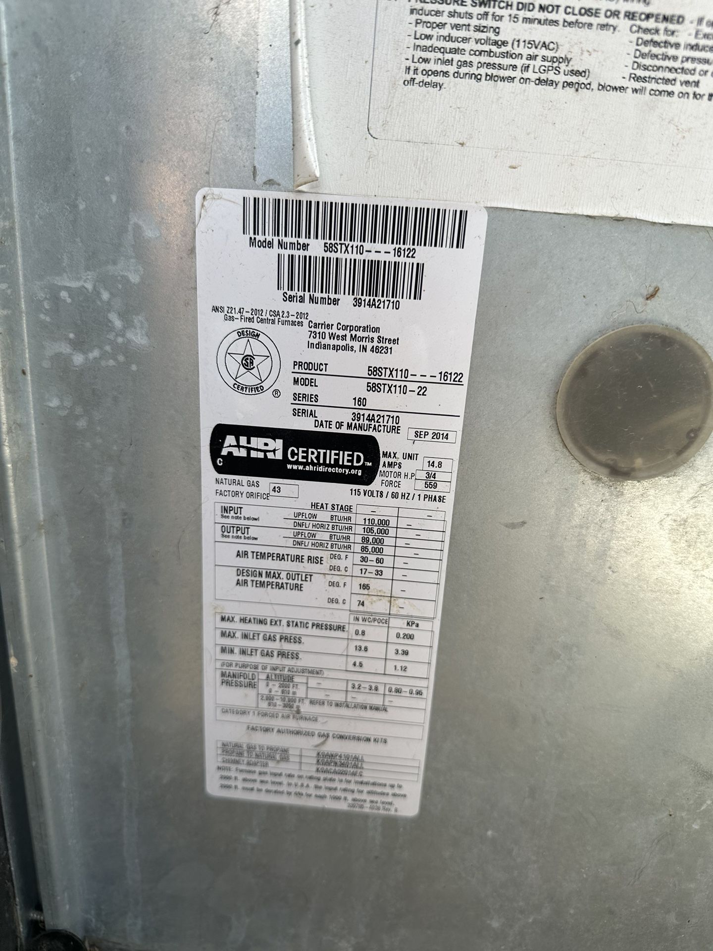 Lowered Price $$ Carrier Furnace