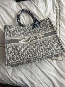 Large Dior Book Tote Gray Oblique Embroidery