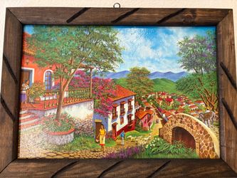 Framed Mexican Village Landscape Painting