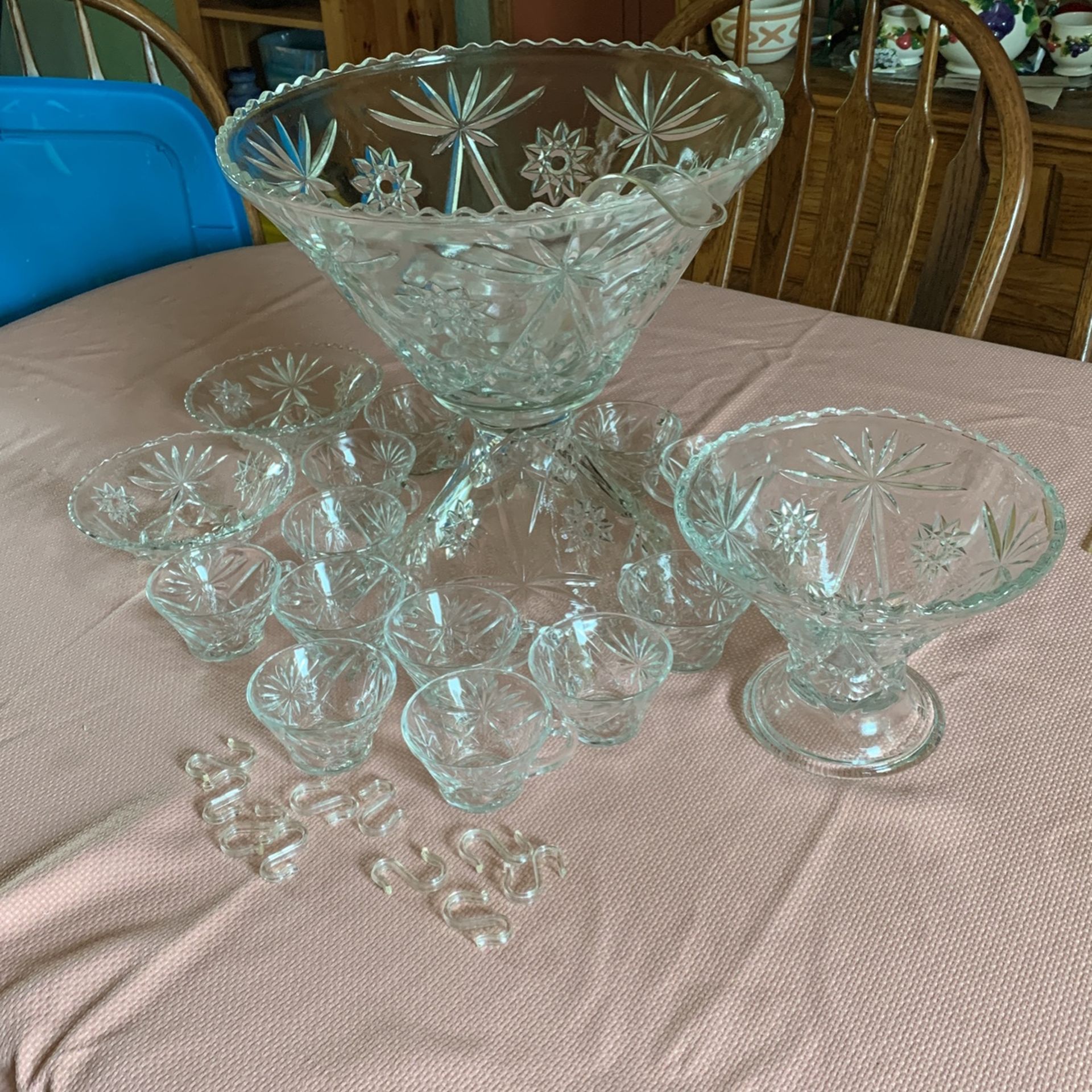Both Star Of David Punchbowl  With 14 Cups 10 Hangers ,  2 Nut Bowl And One Extra Base 