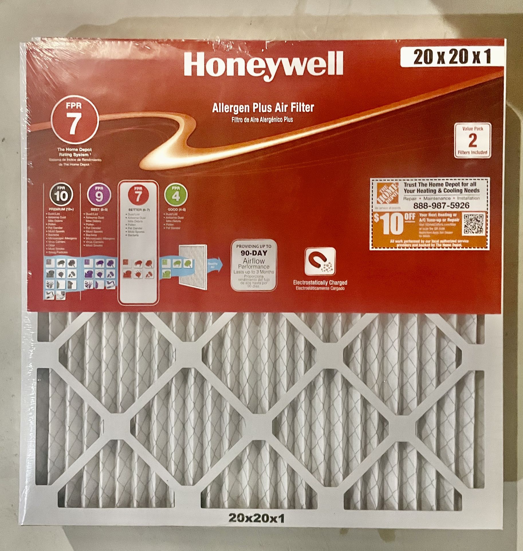 Honeywell 20x20x1 Allergen Plus Air Filter FPR 7. Pack of 2. I have 6 packs (10 filter) for $80