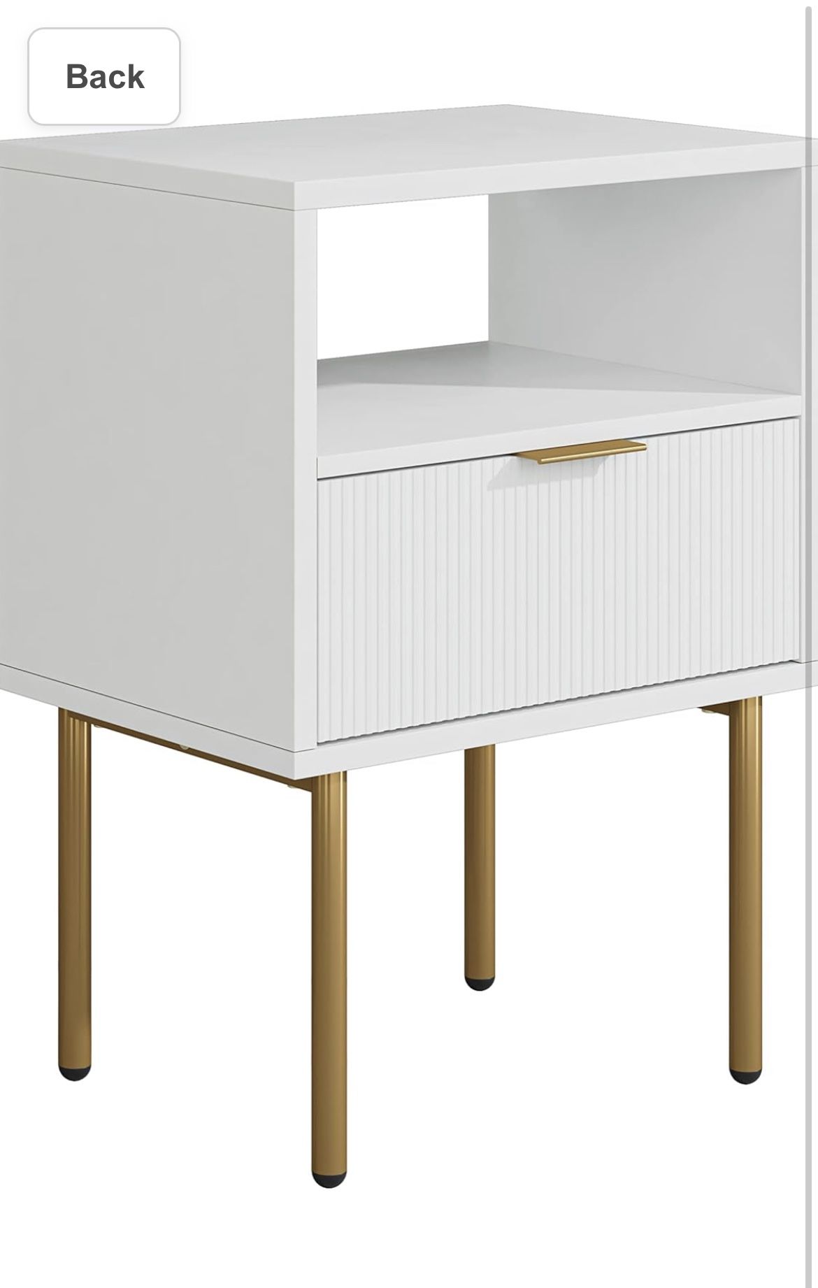 Nightstand,Mid-Century Modern Bedside Table with Storage Drawer and Open Wood Shelf,Small Gold Frame Side Table for Bedroom,Living Room,White