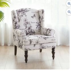 Wingback Accent Chair, Upholstered Mid Century Modern Armchair with Solid Wood Legs, Fabric Linen Leisure Single Sofa Chair for Living Room, Bedroom, 