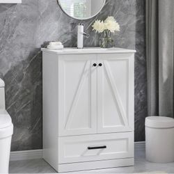 24" Farmhouse Bathroom Vanity with Sink, Modern Standing Bathroom Vanity Sink Cabinet with Large Storage Drawer, Barn Door, Soft Closing & 