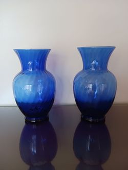 2 Large Cobalt Optic Swirl Vases