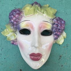🎭Ceramic wall mask titled 'Bacchus Face with Grapes' by Clay Art San Francisco🎭