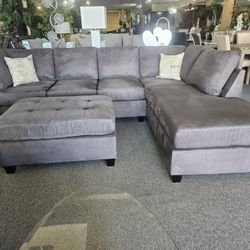 Brand New 115" x 85" Dark Gray Microfiber Reversible Sectional + Ottoman