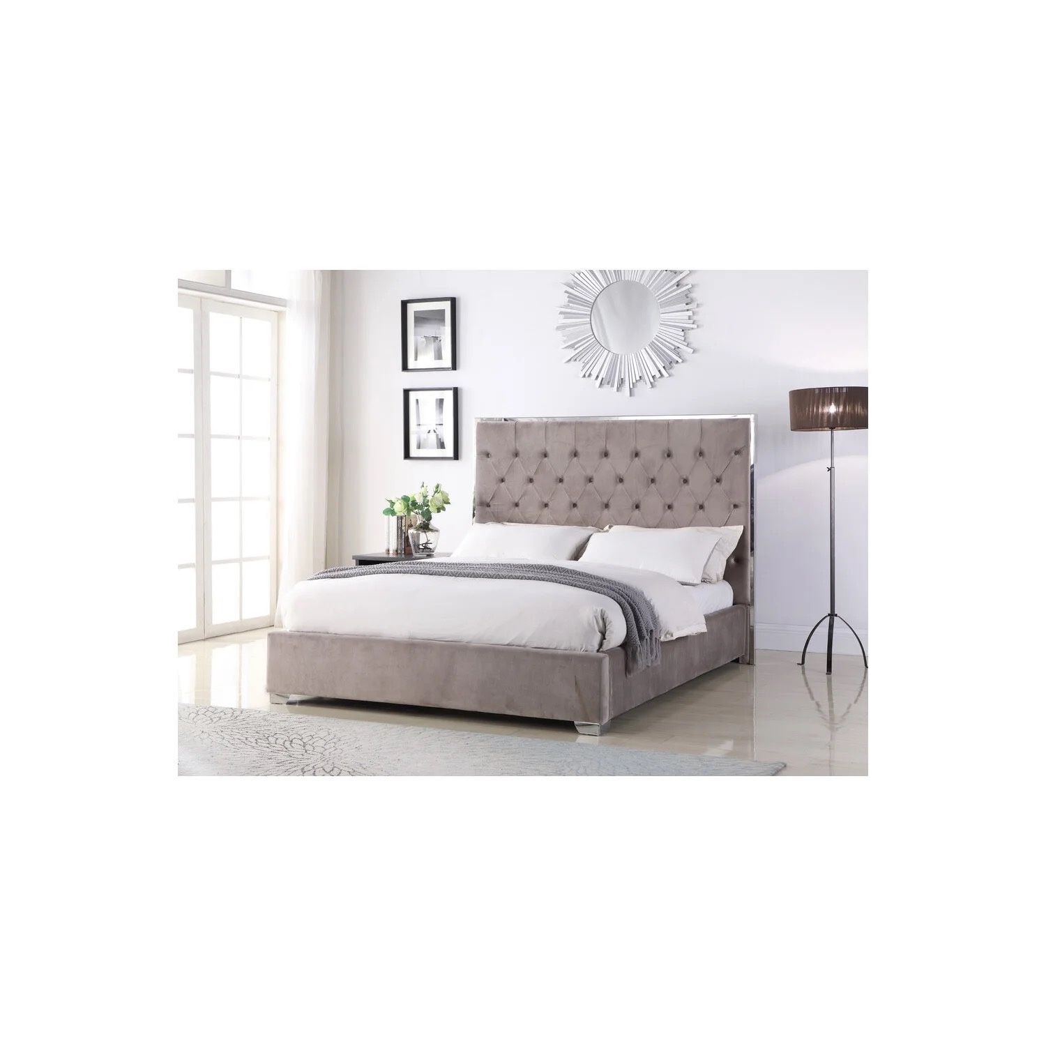 Silver Gray Velvet Tufted King Size Bed